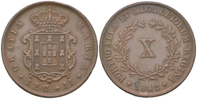 Португалия 10 реалов 1842 Мария II (1834-1853) KM 481 медь 272-1742