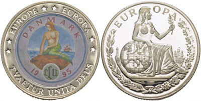 Дания 1 экю 1995 русалка, цветная эмаль, сертификат, тираж 100 экземпляров, вес 48 гр. серебро PROOF 1078-1-32