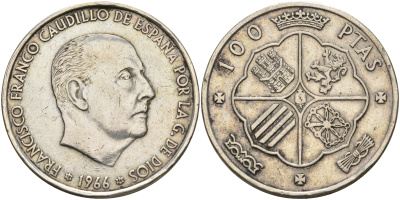 Испания 100 песет 1966 (66) Франсиско Франко (1939-1975) KM 797 серебро    4368-411