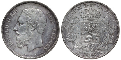 Бельгия 5 франков 1868 Леопольд II (1865-1909) KM 24 серебро    1530-934