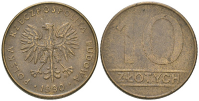 Польша 10 злотых 1990 MW Y?152.2 латунь 4617-1217