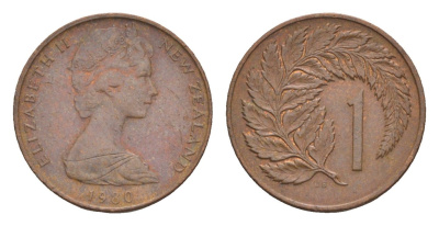 Новая Зеландия 1 цент 1980 Елизавета II (1952-2022), лист папоротника KM 31.1 бронза 4655-1136