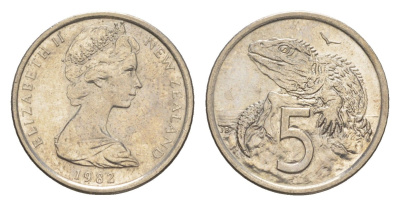 Новая Зеландия 5 центов 1982 Елизавета II (1952-2022), ящерица гаттерия KM 34 медно-никель 4651-216