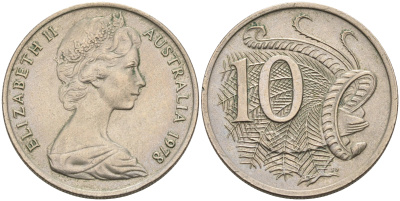 Австралия 10 центов 1978 Елизавета II (1952-), птица лирахвост KM 65 медно-никель 4566-457