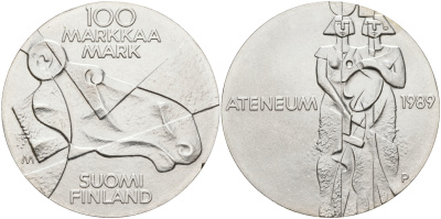 Финляндия 100 марок 1989 Центральный художественный музей Атенеум, лось KM 75 серебро UNC 1525-1341