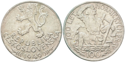 Чехословакия 100 крон 1949 700 лет праву добычи серебра в Йиглава KM 29 серебро 114-1114