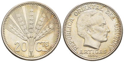 Уругвай 20 сентесимо 1954 Хосе Хервасио Артигас KM 36 серебро UNC 4609-445