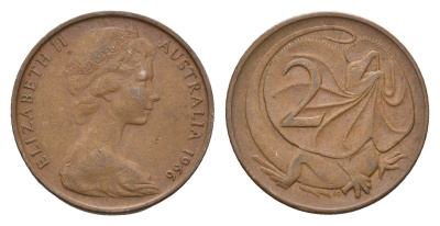 Австралия 2 цента 1966 Елизавета II (1952-2022), плащеносная ящерица KM 63 бронза 4669-1162