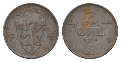 Норвегия 2 эре 1945 Хокон VII (1905-1957) KM 394 железо 4635-315