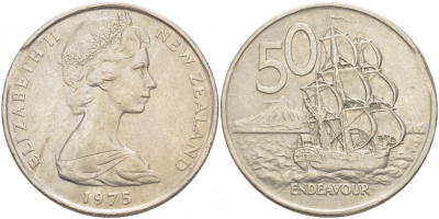 Новая Зеландия 50 центов 1975 Елизавета II (1952-2022), парусник Индевор KM 37.1 медно-никель 215-146