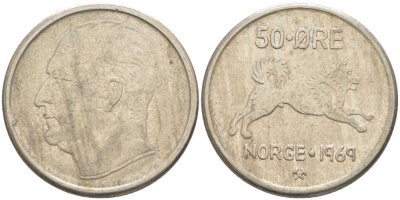 Норвегия 50 эре 1969 Улаф V (1957-1991), собака KM 408 медно-никель 4402-127