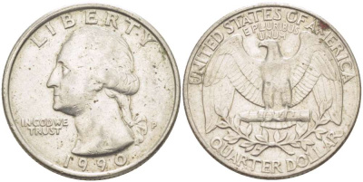 США 25 центов = квотер 1990 P, Вашингтон KM А164а медь плакированная медно-никелем 216-1056