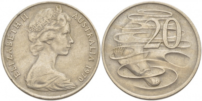 Австралия 20 центов 1970 Елизавета II (1952-2022), утконос KM 66 медно-никель 215-816
