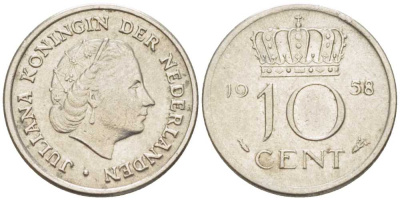 НИДЕРЛАНДЫ 10 ЦЕНТОВ 1958 ЮЛИАНА (1948-1980) KM 182 никель 214-1151