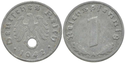 ГЕРМАНИЯ 1 РЕЙХСПФЕННИГ 1942 A KM 97, J. 369 цинк 206-1144
