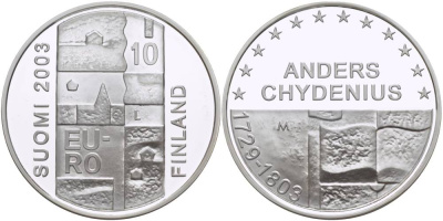 Финляндия 10 евро 2003 200 лет со дня смерти Андерса Чудениуса KM 110 серебро PROOF 1084-9-32