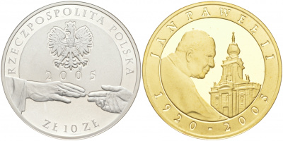 Польша 10 злотых 2005 MW, Иоанн Павел II, руки, позолота KM 526 серебро PROOF 1087-8-55