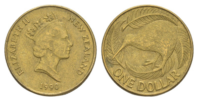 Новая Зеландия 1 доллар 1990 Елизавета II (1952-2022), птица киви KM 78 алюминиевая бронза 4652-246
