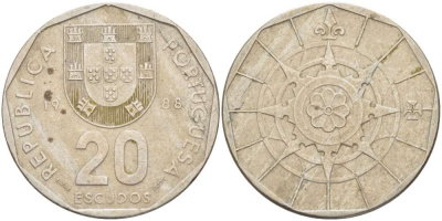 ПОРТУГАЛИЯ 20 ЭСКУДО 1988 INCM KM 634.1 медно-никель 4521-313