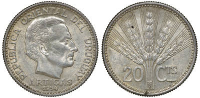 Уругвай 20 сентесимо 1954 Хосе Хервасио Артигас KM 36 серебро 4163-712