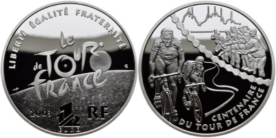 Франция 1 1/2 евро 2003 100 лет велогонкам Тур де Франс, два велосипедиста KM 1323 серебро PROOF 1095-3-53