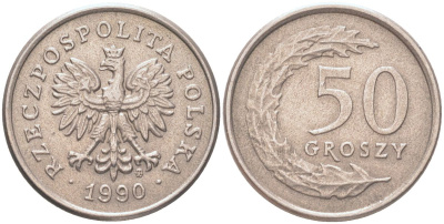 Польша 50 грошей 1990 Y 281 медно-никель UNC 4614-649