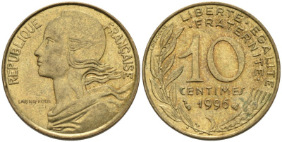ФРАНЦИЯ 10 САНТИМОВ 1996 ТИП MARIANNE KM 929, LE FRANC 144.40 медь алюминий никель 4573-1034