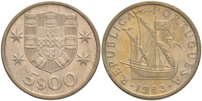 ПОРТУГАЛИЯ 5 ЭСКУДО 1983 ПАРУСНИК KM 591 медно-никель 4561-753