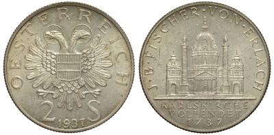 Австрия 2 шиллинга 1937 200 лет церкви Святого Чарльза в Вене KM 2859 серебро 413-5213
