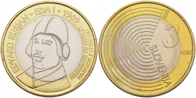 Словения 3 евро 2009 100 лет первому полету самолета Эдварда Русяна, из ролла KM 85 биметалл UNC M11-20