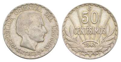 Уругвай 50 сентесимо 1943 KM 31 серебро 4637-255