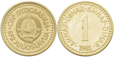 Югославия 1 динар 1983 KM 86 никель латунь 4523-445