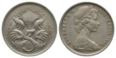 АВСТРАЛИЯ 5 ЦЕНТОВ 1968 ЕЛИЗАВЕТА II, МОЛОДОЙ ПОРТРЕТ, ЕХИДНА KM 64 медно-никель 89-1353
