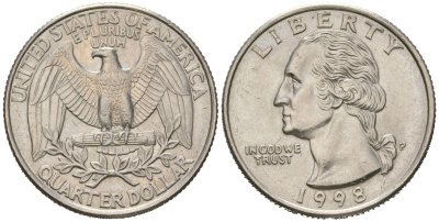 США 25 центов = квотер = 1/4 доллара 1998 P, Джордж Вашингтон KM 164a медь плакированная медно-никелем 216-847