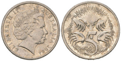 Австралия 5 центов 2004 ехидна, Елизавета II (1952-2022) KM 401 медно-никель aUNC 4618-714