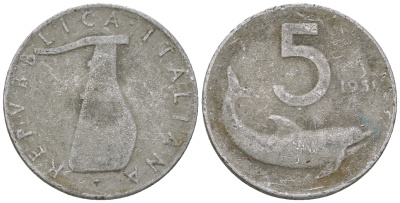 Италия 5 лир 1951 R, руль, дельфин KM 92 алюминий    4576-748