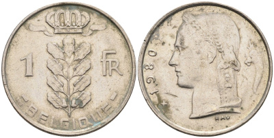 Бельгия 1 франк 1980 BELGIQUE KM 142.1 медно-никель 4586-655