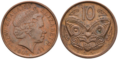 Новая Зеландия 10 центов 2006 Елизавета II (1952-2022), маска маори KM 117а сталь плакированная медью 117-215