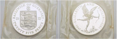 Гернси 25 пенсов 1972 25 лет свадьбы Елизаветы II и Филиппа, амур, монета в запайке, в оригинальной коробке, тираж 15000 экземпляров KM 26а серебро  PROOF  6-5-3-30