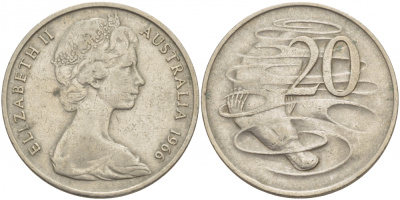 Австралия 20 центов 1966 Елизавета II (1952-2022), утконос KM 66 медно-никель 4536-1245