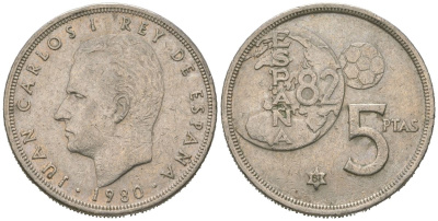 Испания 5 песет 1980 (81), Хуан Карлос I (1975-2014), чемпионат мира по футболу 1982 года в Испании KM 817 медно-никель 4620-542