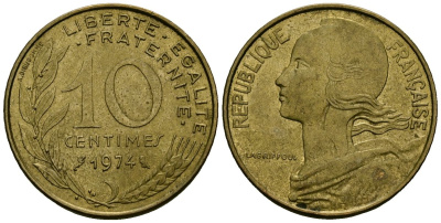 Франция 10 сантимов 1974 тип Marianne KM 929 алюминиевая бронза 4136-414