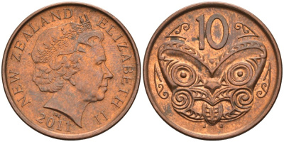 Новая Зеландия 10 центов 2011 маска Маори, Елизавета II (1952-) KM 117а сталь плакированная медью 4391-941
