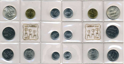 Сан-Марино годовой набор из 8 монет 1972 1, 2, 5, 10, 20, 50, 100 и 500 лир мать поднимает ребенка в воздух KM 14-21, в оригинальной пластиковой запайке серебро KM MS1 серебро UNC 5-4-3-53