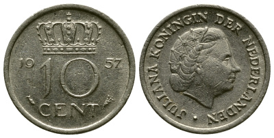Нидерланды 10 центов 1957 Юлиана (1948-1980) KM 182 никель 45-1166