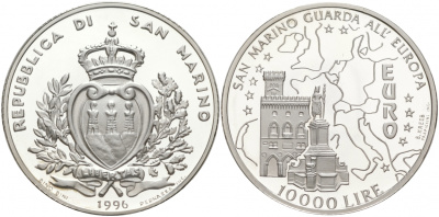 Сан-Марино 10000 лир 1996 Европарламент и карта KM 342 серебро PROOF 02-227-24