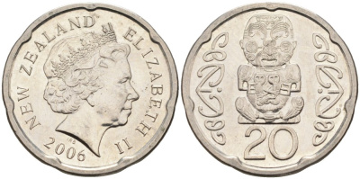 Новая Зеландия 20 центов 2006 Елизавета II (1952-2022), идол Пукаки KM 118а никелированная сталь 4579-1124