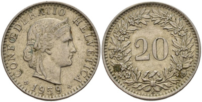 Швейцария 20 раппенов 1959 B KM 29a медно-никель 4187-544