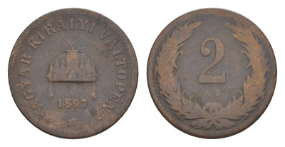 Венгрия 2 филлера 1897 KB, Франц Иосиф I (1848-1916) KM 481 бронза 4516-668