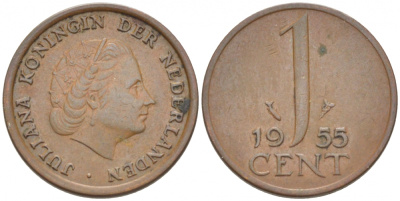 Нидерланды 1 цент 1955 Юлиана (1948-1980) КМ 180 бронза 3457-1164